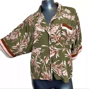 Joie Olive Green Floral Short Sleeve Button Top Size XS Womens